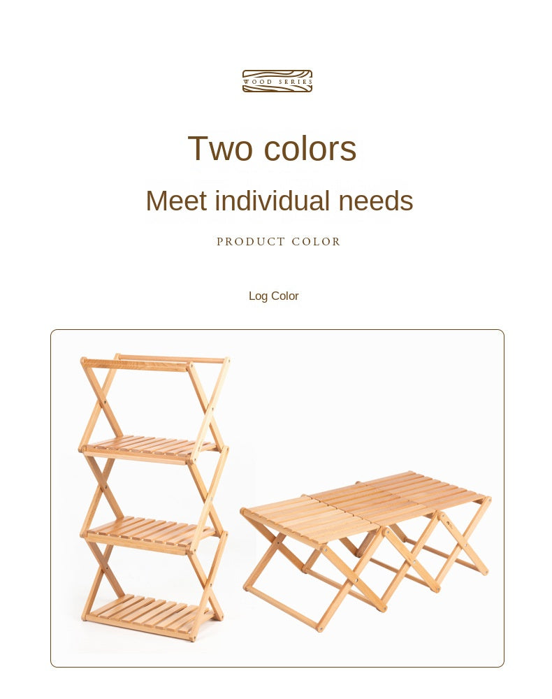 Mobi Garden Multi-Function Folding Table Portable Lightweight Solid Wood Storage Table Multi-layer Shelf Rack Foldable Wooden Table 4 Layer Shelves Outdoor Camping