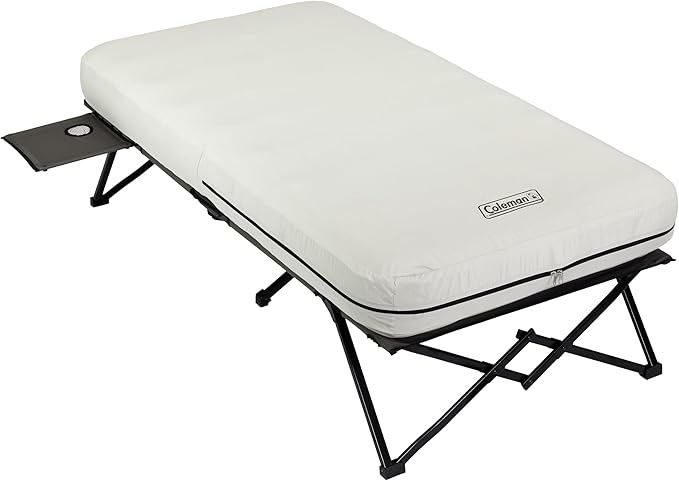 Coleman Queen-Size Airbed Cot Combination, Folding Air Mattress with Steel Frame & Side Table, Battery Pump Included, Great for Camping, Lounging, Elevated Sleeping, Guests, & More