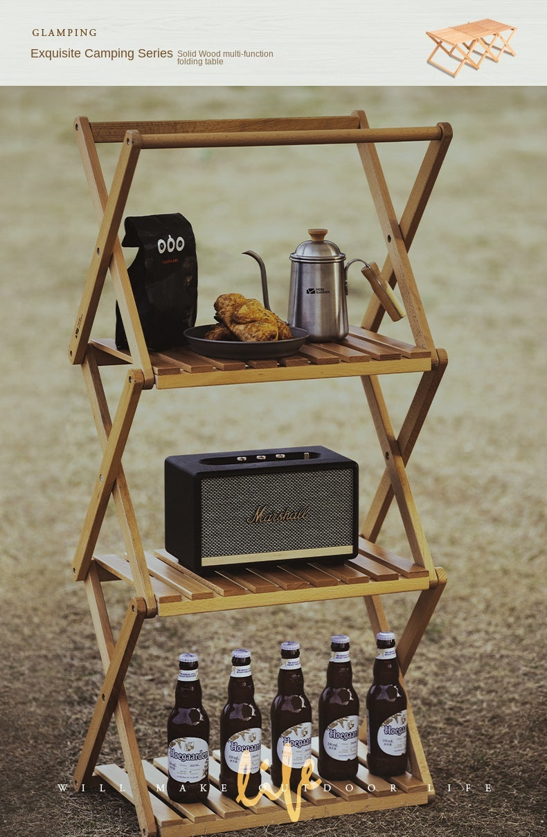Mobi Garden Multi-Function Folding Table Portable Lightweight Solid Wood Storage Table Multi-layer Shelf Rack Foldable Wooden Table 4 Layer Shelves Outdoor Camping