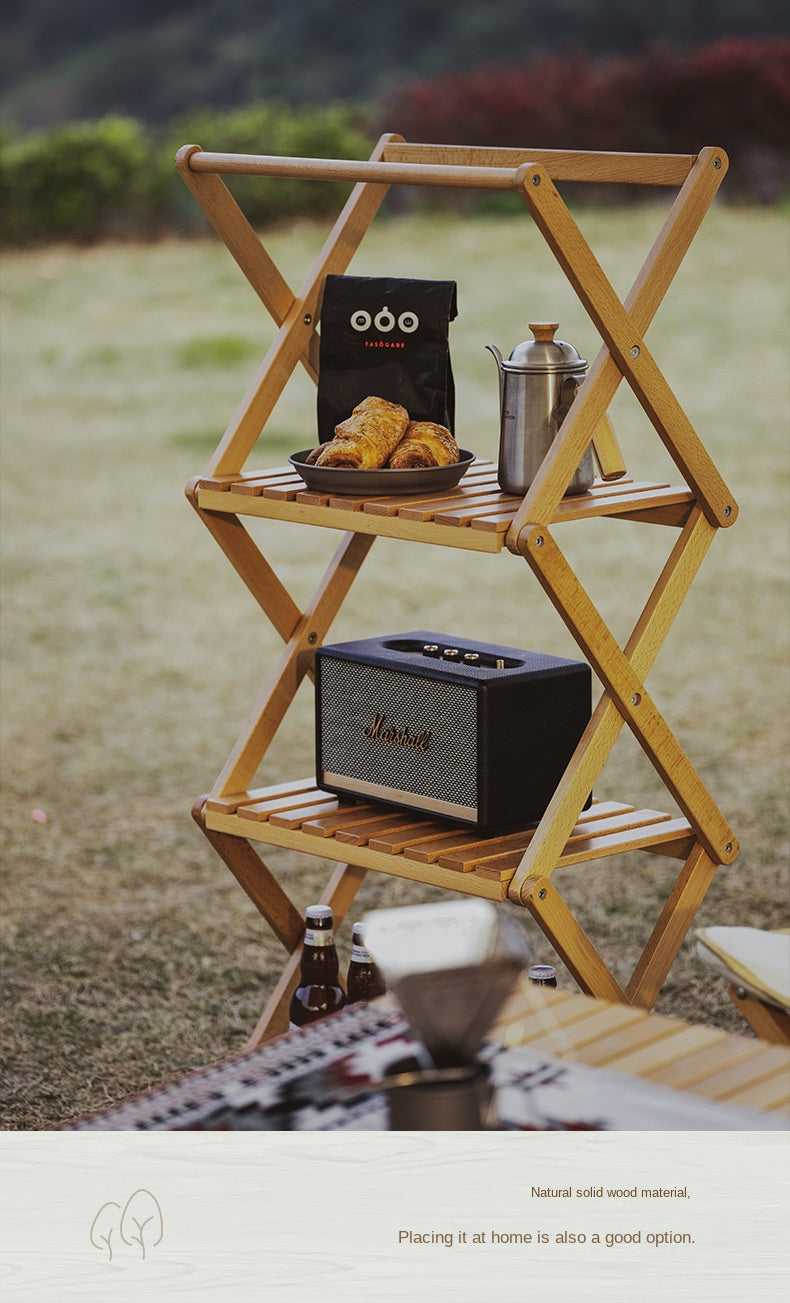 Mobi Garden Multi-Function Folding Table Portable Lightweight Solid Wood Storage Table Multi-layer Shelf Rack Foldable Wooden Table 4 Layer Shelves Outdoor Camping