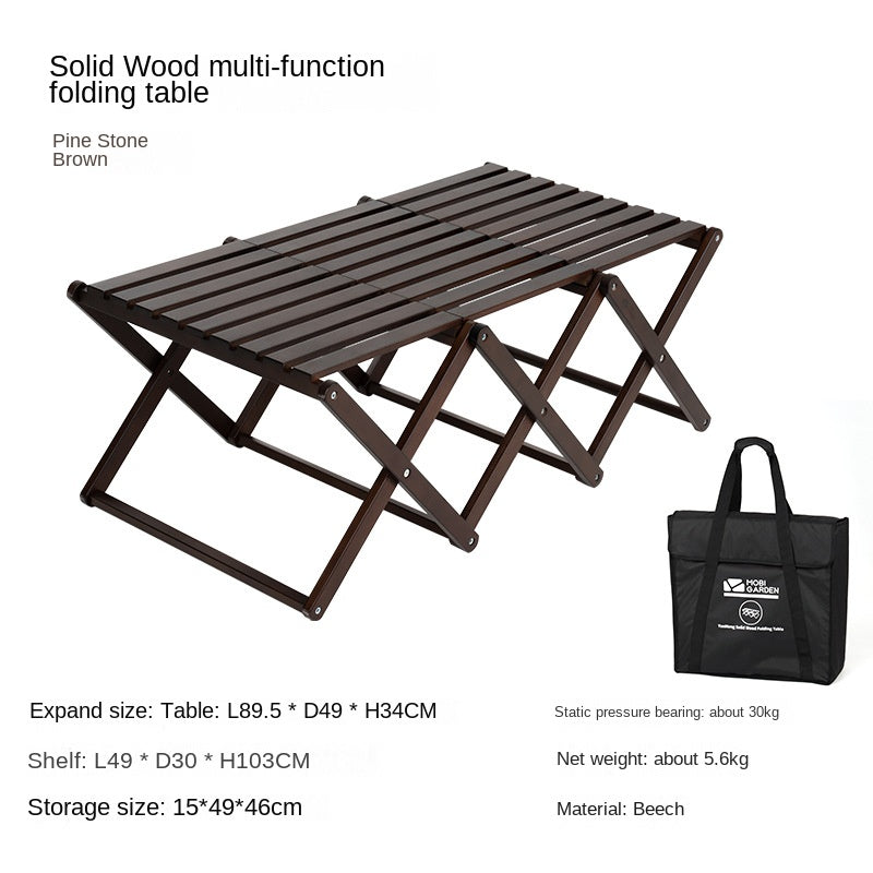 Mobi Garden Multi-Function Folding Table Portable Lightweight Solid Wood Storage Table Multi-layer Shelf Rack Foldable Wooden Table 4 Layer Shelves Outdoor Camping